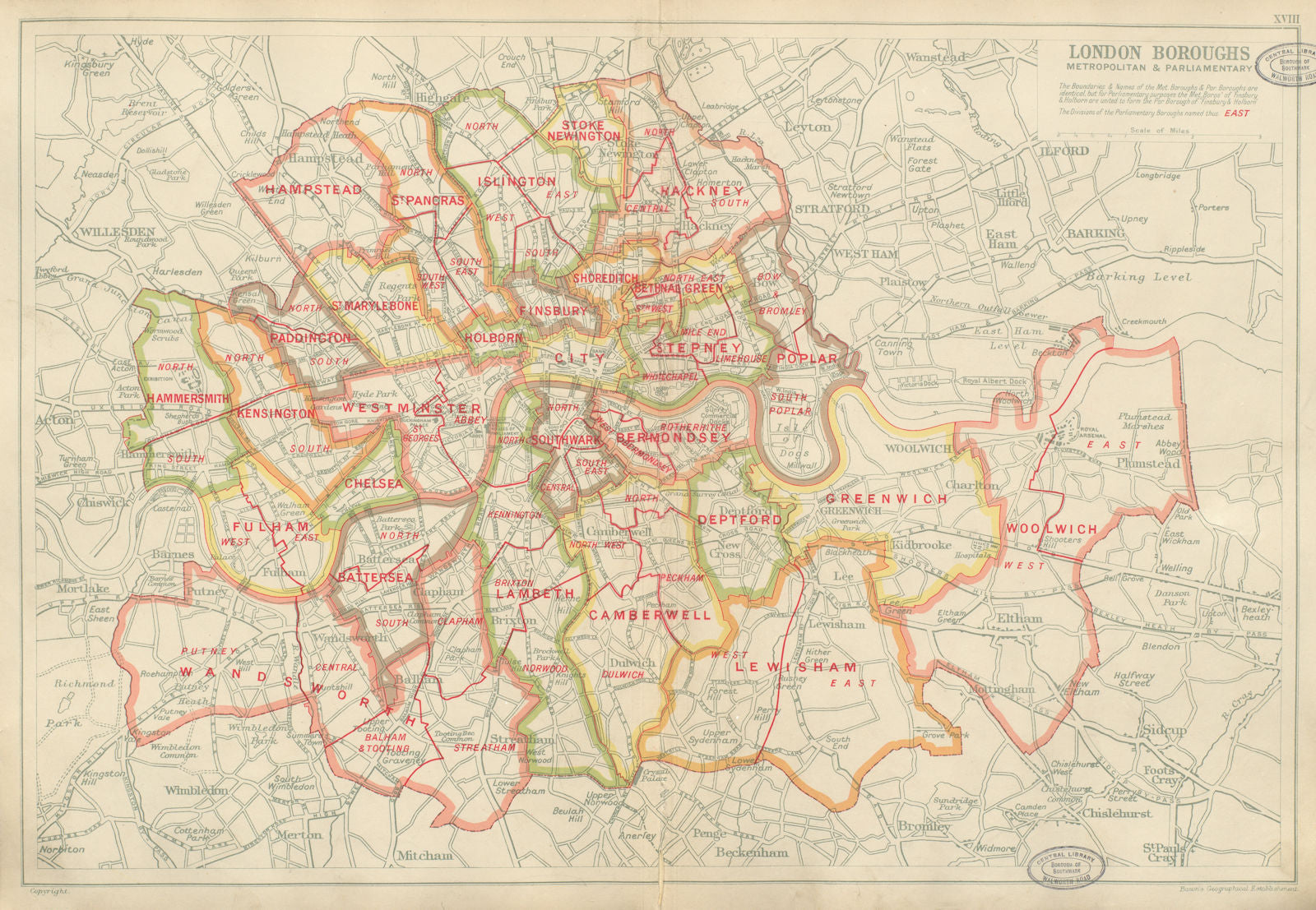 LONDON BOROUGHS. Metropolitan & Parliamentary. Constituencies. BACON 1934 map